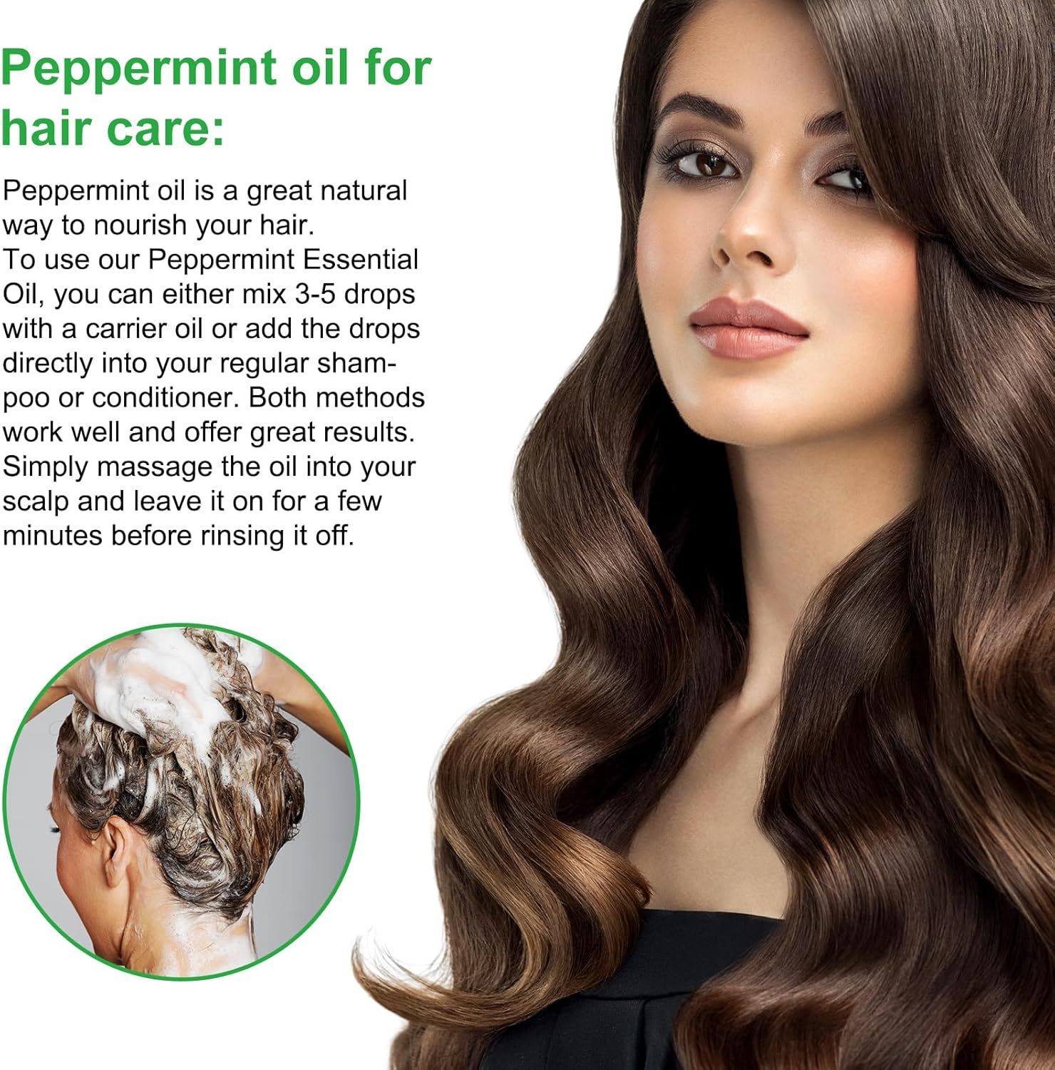 Frau mit langen, gewellten Haaren. Text: 'Pfefferminzöl für die Haarpflege'. Kleine Abbildung: Haare werden gewaschen.
