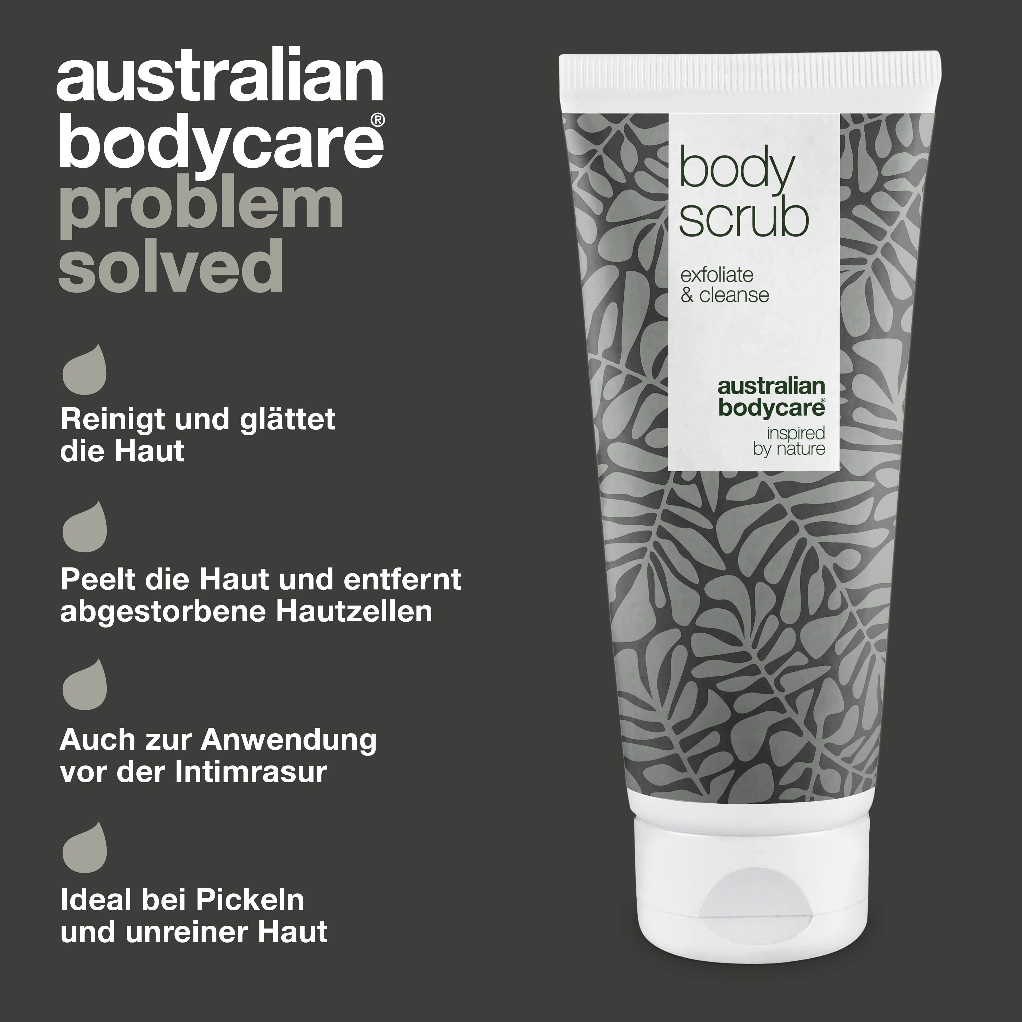 Grafik: Australian Bodycare, Problem gelöst. Tube Body Scrub. Reinigt, glättet, peelt, entfernt abgestorbene Hautzellen.