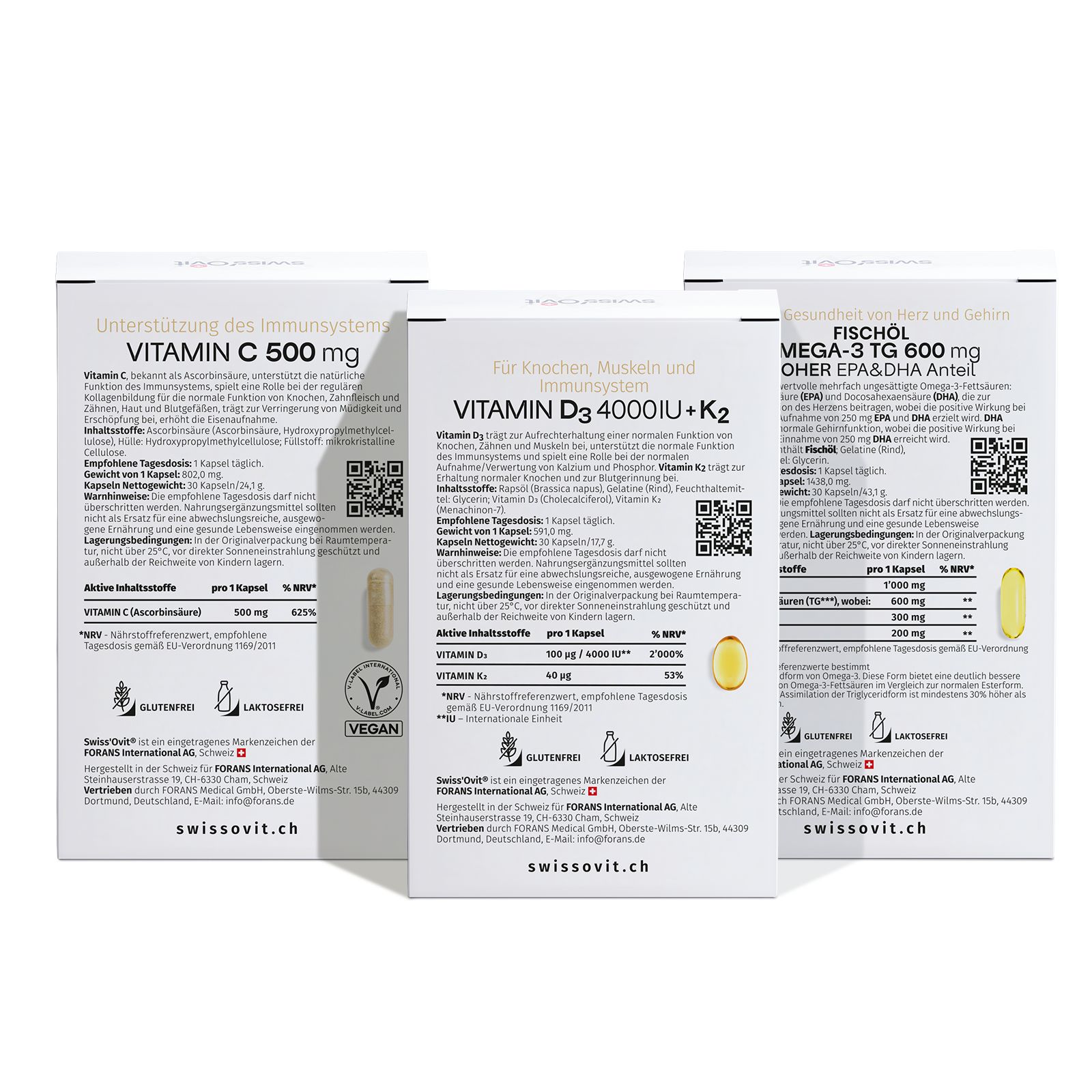 SwissOvit Vitamin C 500 mg, Vitamin D3 4000 IU + K2, Fischöl Omega-3 TG 600 mg. Rückseiten der Verpackungen.