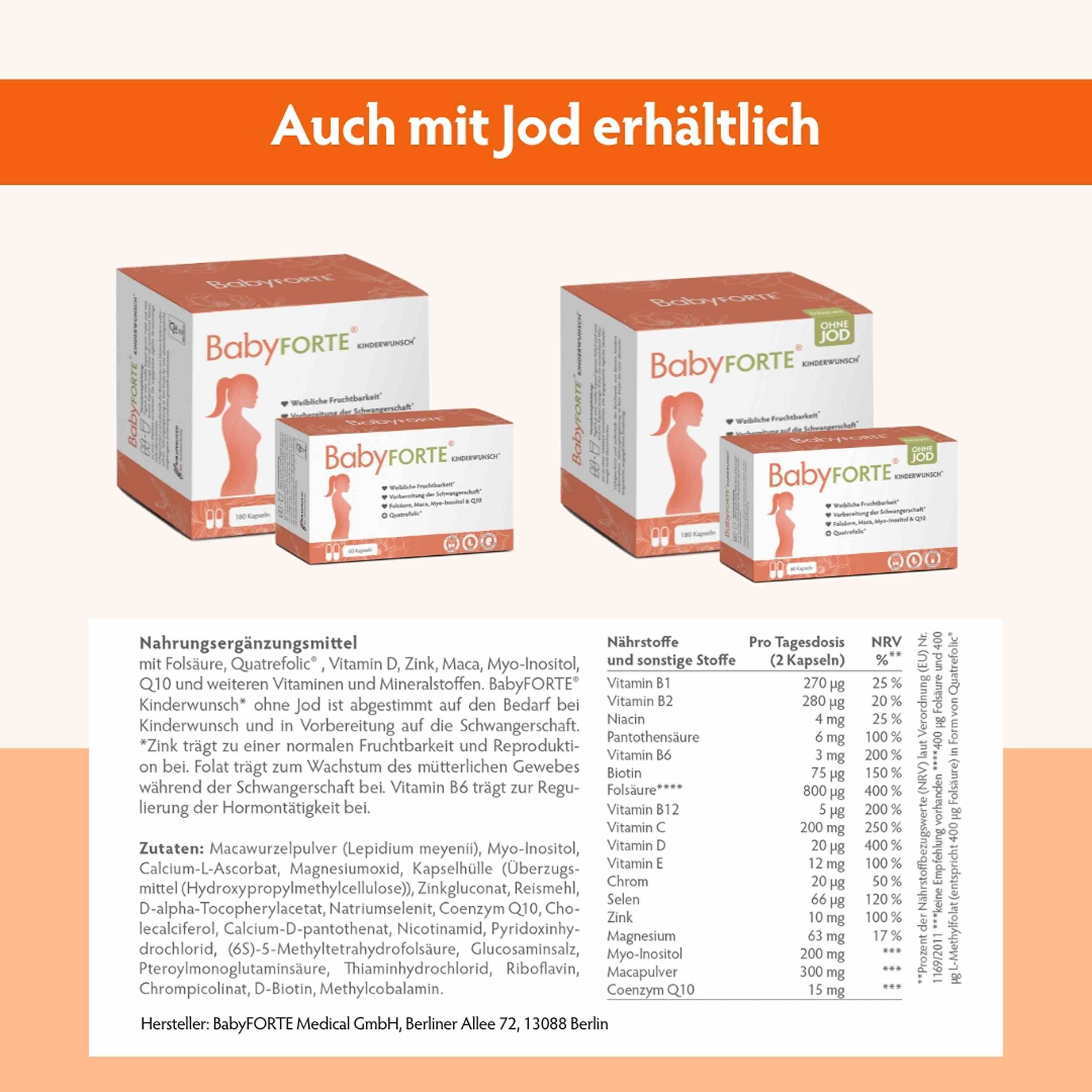 BabyFORTE-Packungen in verschiedenen Größen. Text: Auch mit Jod erhältlich. Nährstofftabelle mit Inhaltsstoffen und Nährwerten.