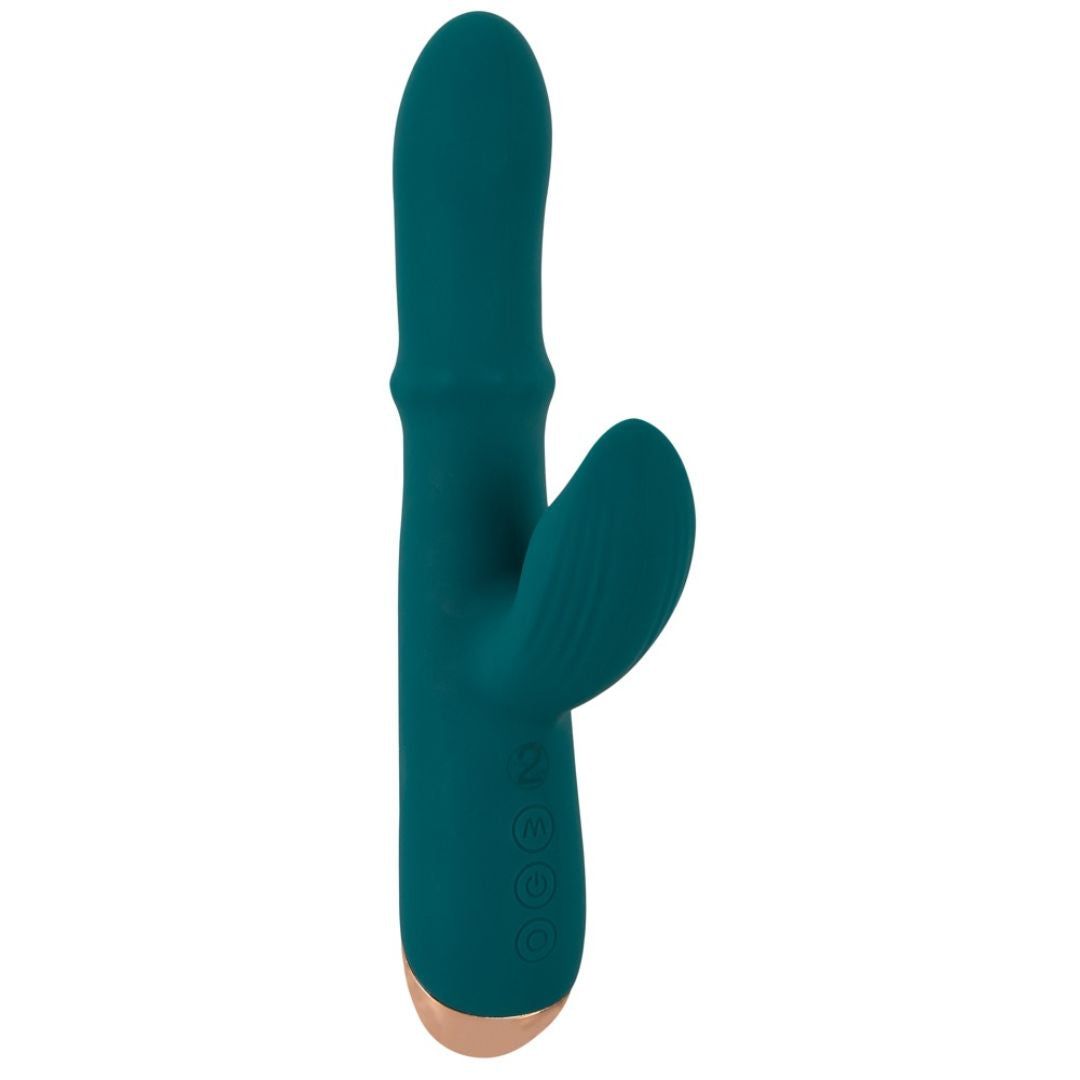 Türkis Vibrator mit Massagering und Klopf-Funktion. Goldfarbene Basis, drei Knöpfe. Vertikale Ansicht.