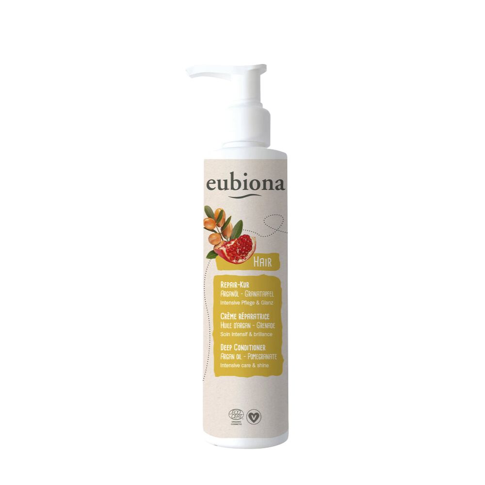 Flasche mit Spender. Aufschrift: Eubiona, Repair-Kur, Arganöl-Granatapfel, Deep Conditioner. Mit Bio-Siegel.
