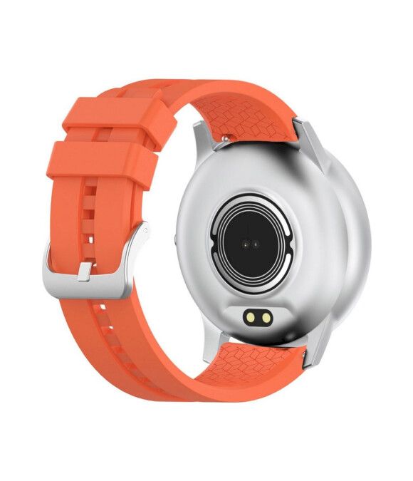 Rückseite der Smartwatch. Edelstahlgehäuse, orangefarbenes Armband. Sensoren und Ladekontakte sichtbar.