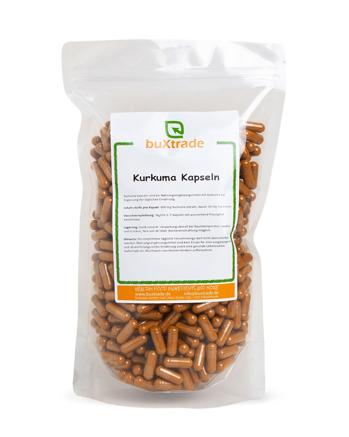Verpackung mit Kurkuma-Kapseln und Etikett mit Produktinformationen.