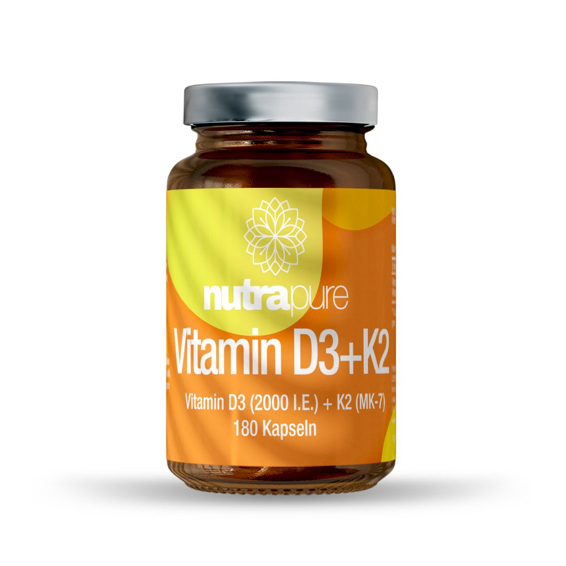 Braune Glasflasche mit silbernem Deckel. Etikett mit Produktnamen: Vitamin D3+K2. 180 Kapseln.