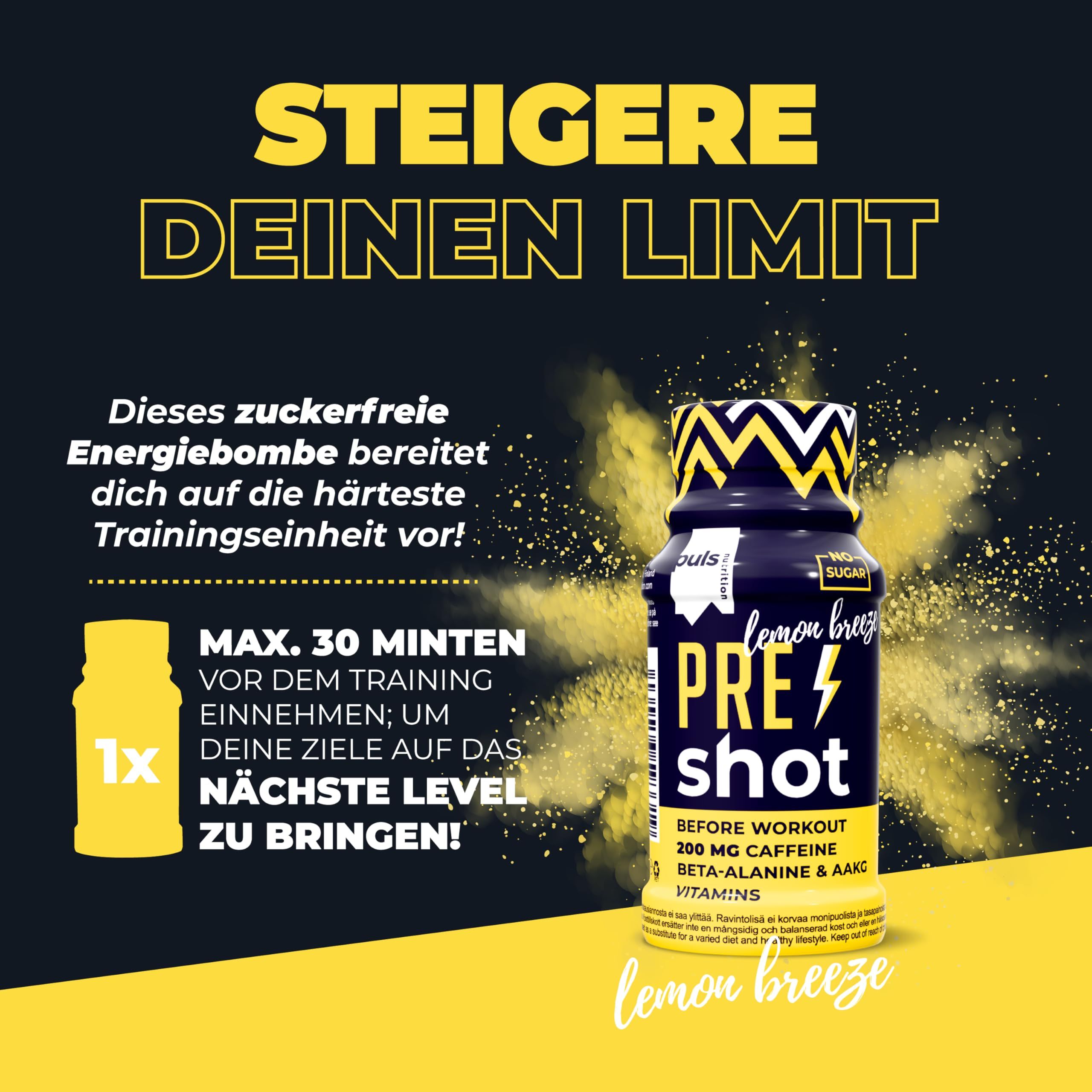 Flasche Pre-Workout-Shot mit Zitronengeschmack, zuckerfrei, 200 mg Koffein, B6 & B12 Vitamine.