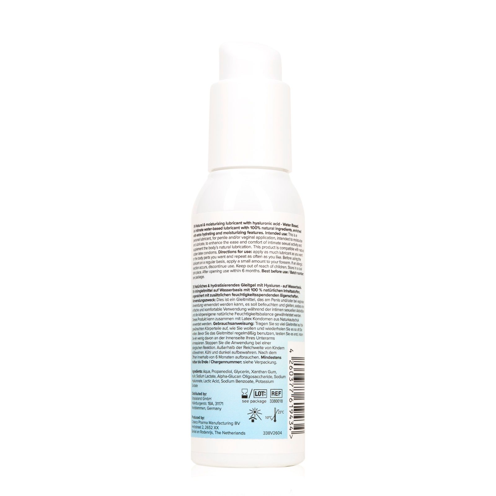 Rückseite der Flasche mit Produktinformationen und Barcode.