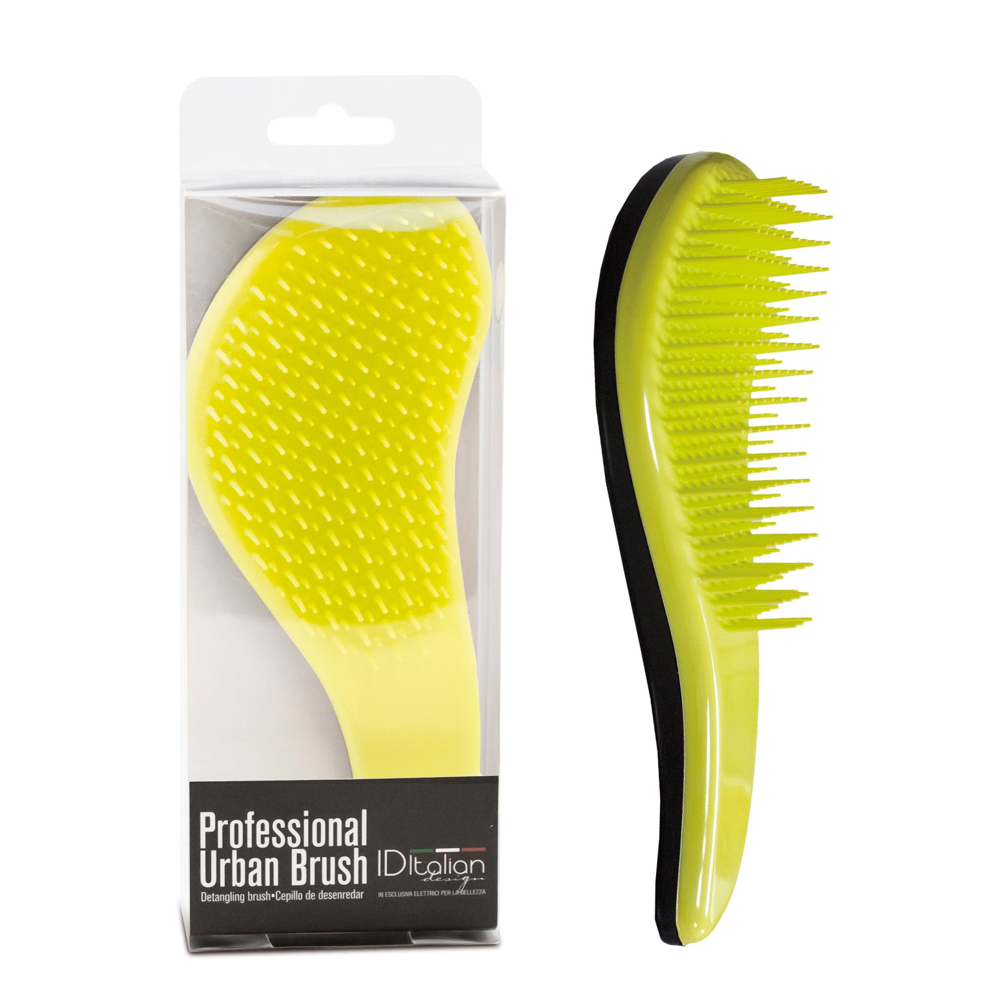 Gelb-schwarze Haarbürste in Verpackung. Aufschrift: Professional Urban Brush. Bürste mit gelben Borsten, ergonomisch geformt.