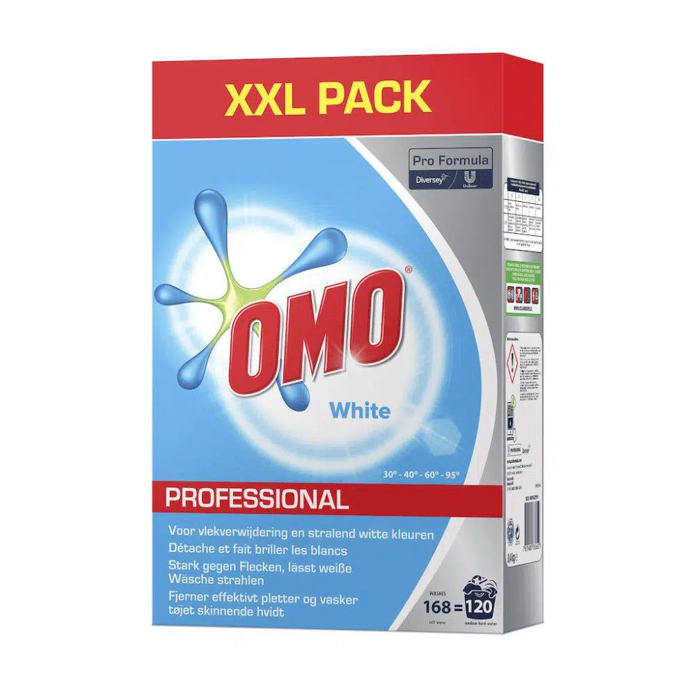 Omo Professional White Vollwaschmittel. Karton mit Logo, Schriftzug und Produktbezeichnung. Enthält Informationen zu Fleckenentfernung.