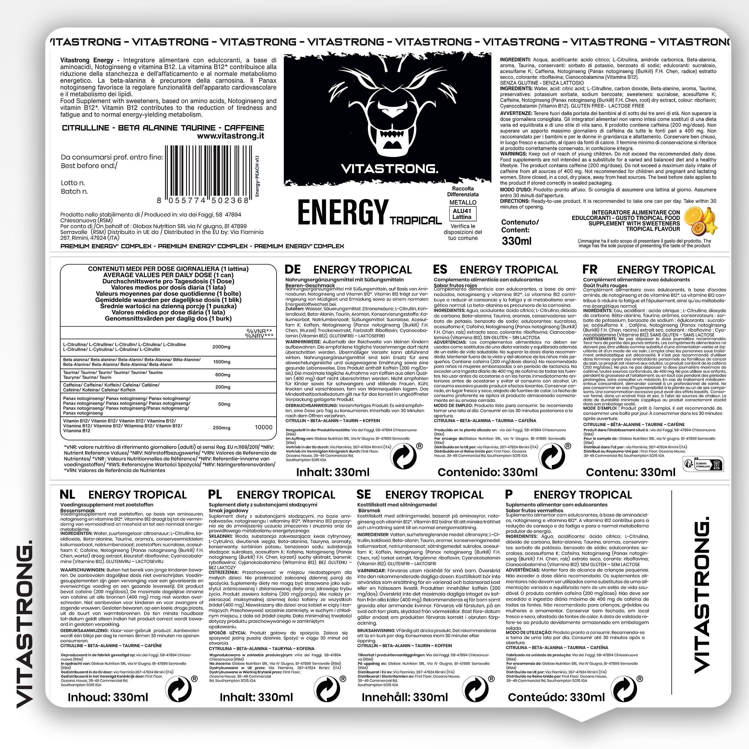 Rückseite der Vitastrong Energy Tropical Verpackung. Text in verschiedenen Sprachen. Inhalt: 330ml.