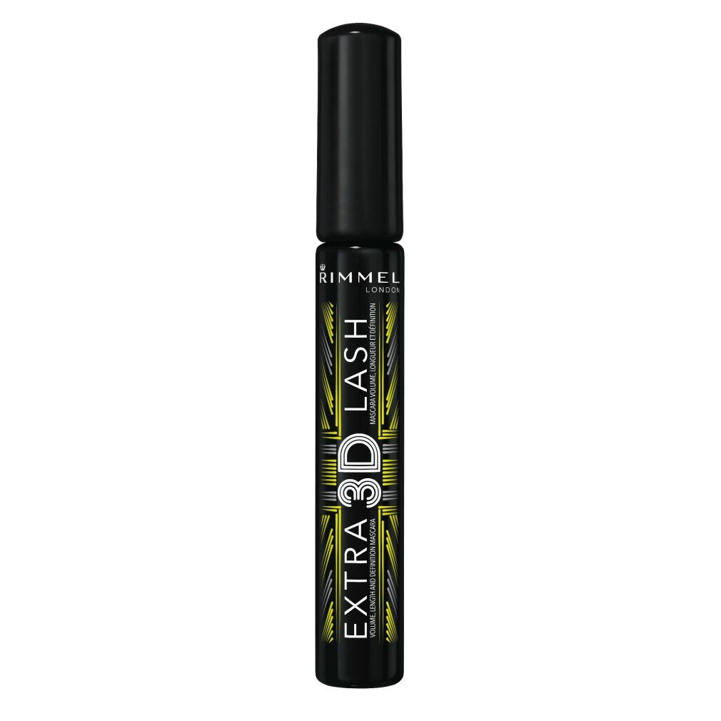 Schwarze Mascara-Flasche. Aufschrift: EXTRA 3D LASH. Marke: Rimmel London. Deckel geschlossen.