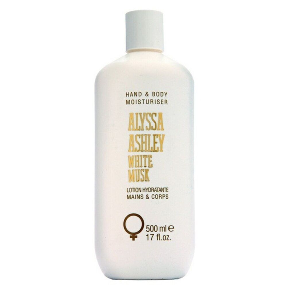 Weiße Flasche "Alyssa Ashley White Musk Hand & Body Moisturiser". 500 ml. Mit Deckel.