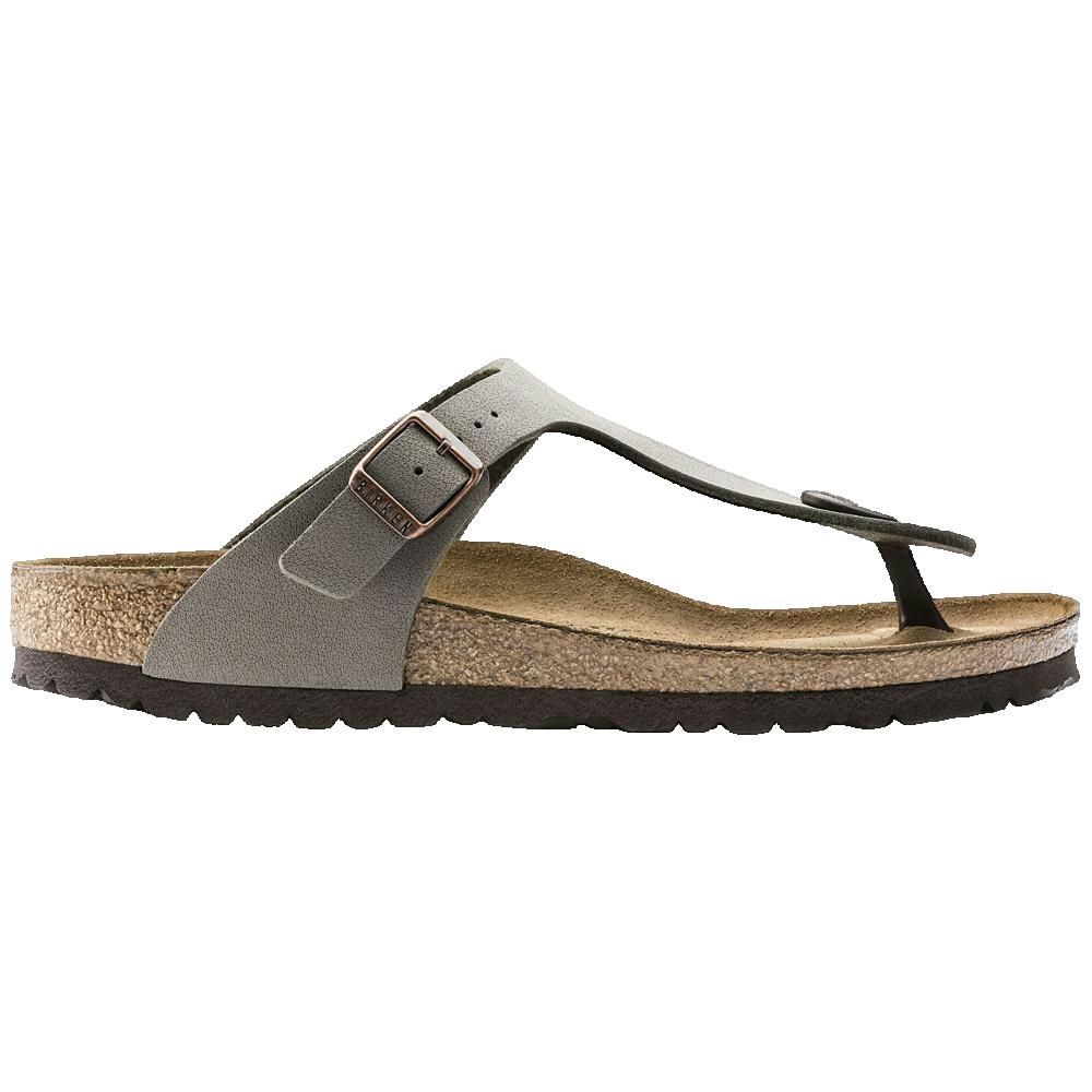 Sandalo grigio con cinturino e fibbia. Plantare in sughero, suola nera. Birkenstock Gizeh.