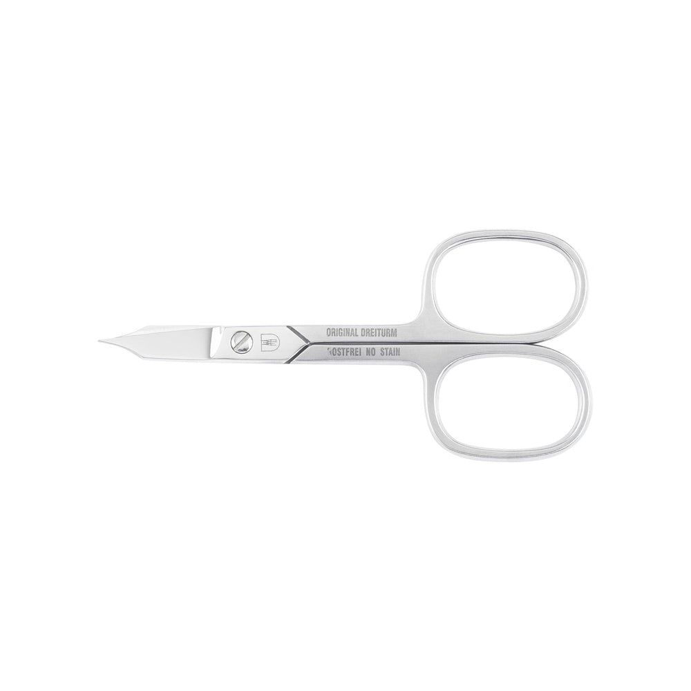 Kombinierte Schere. Metallfarben. Mit abgerundeten Griffen und spitz zulaufenden Klingen. Beschriftung: ORIGINAL DREITURM, Solingen.