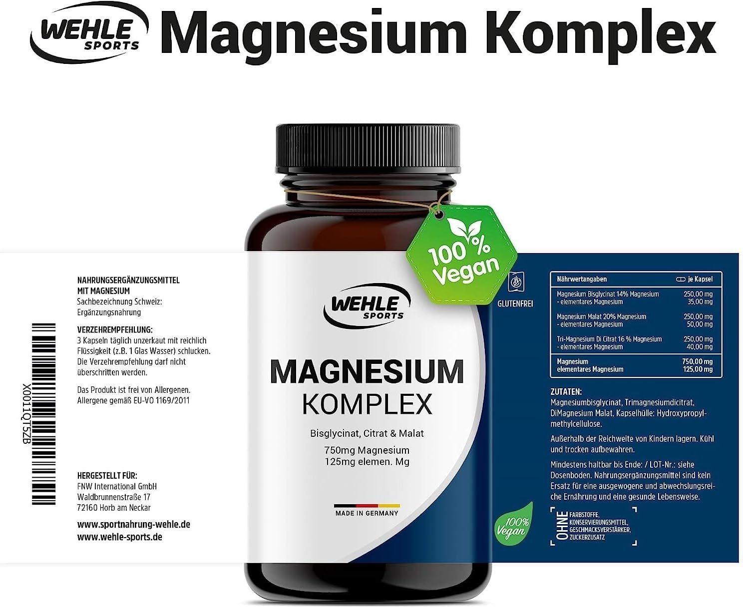 Wehle Magnesium Komplex Bisglycinat, Malat, Citrat 180 St Kapseln