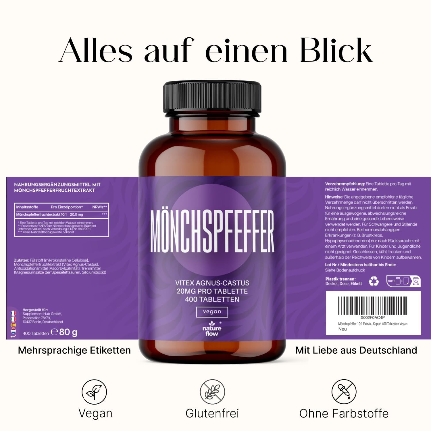Braune Glasflasche mit lila Etikett. Text: MÖNCHSPFEFFER, 20mg pro Tablette, 400 Tabletten. Mehrsprachige Etiketten. Vegan, glutenfrei, ohne Farbstoffe.