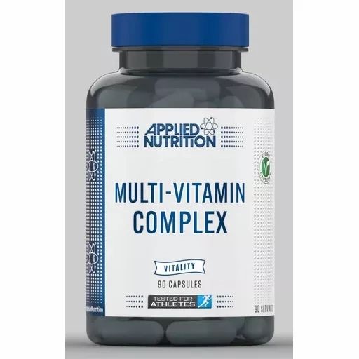 Nährwertinformationen. Multi-Vitamin-Komplex Kapseln. 90 Portionen. Enthält Vitamine und Mineralien. Auflistung der Inhaltsstoffe.