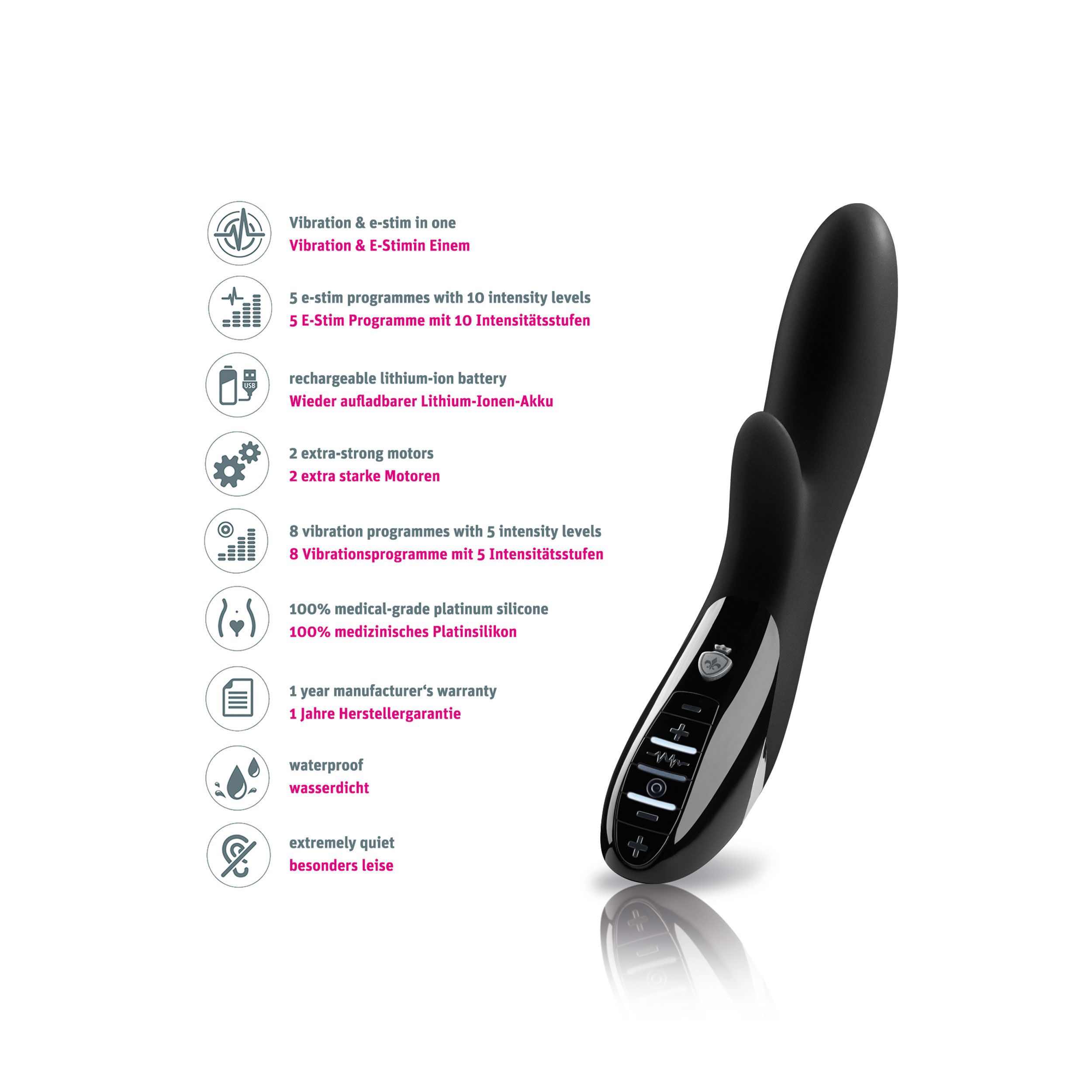 Produkt mit Text: Vibration & e-stim in one, 5 e-stim Programme, wiederaufladbar, 1 Jahr Garantie.