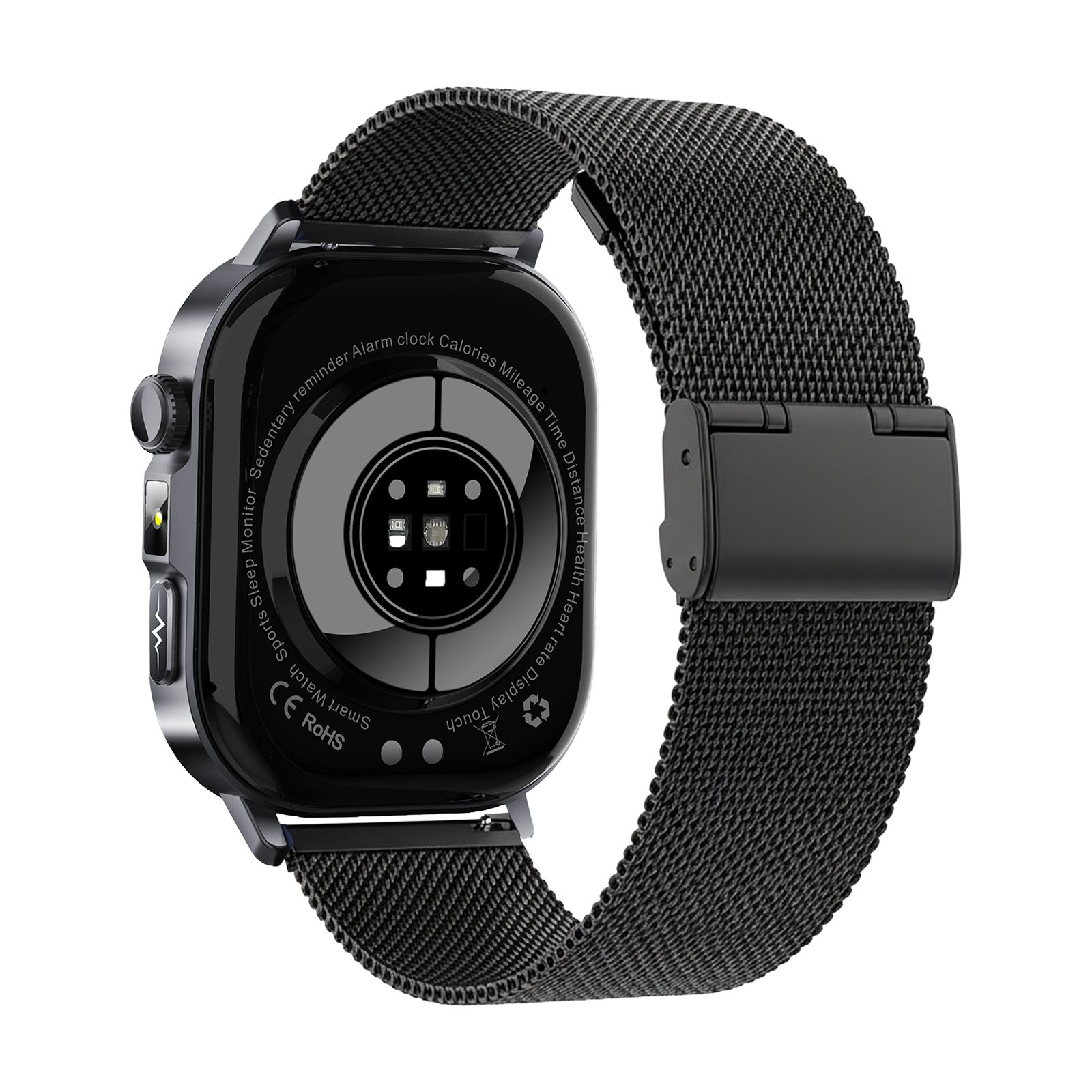 Rückseite der Smartwatch. Schwarzes Gehäuse, Sensoren, Metallarmband. Text: CE, Herzfrequenz, Kalorien.