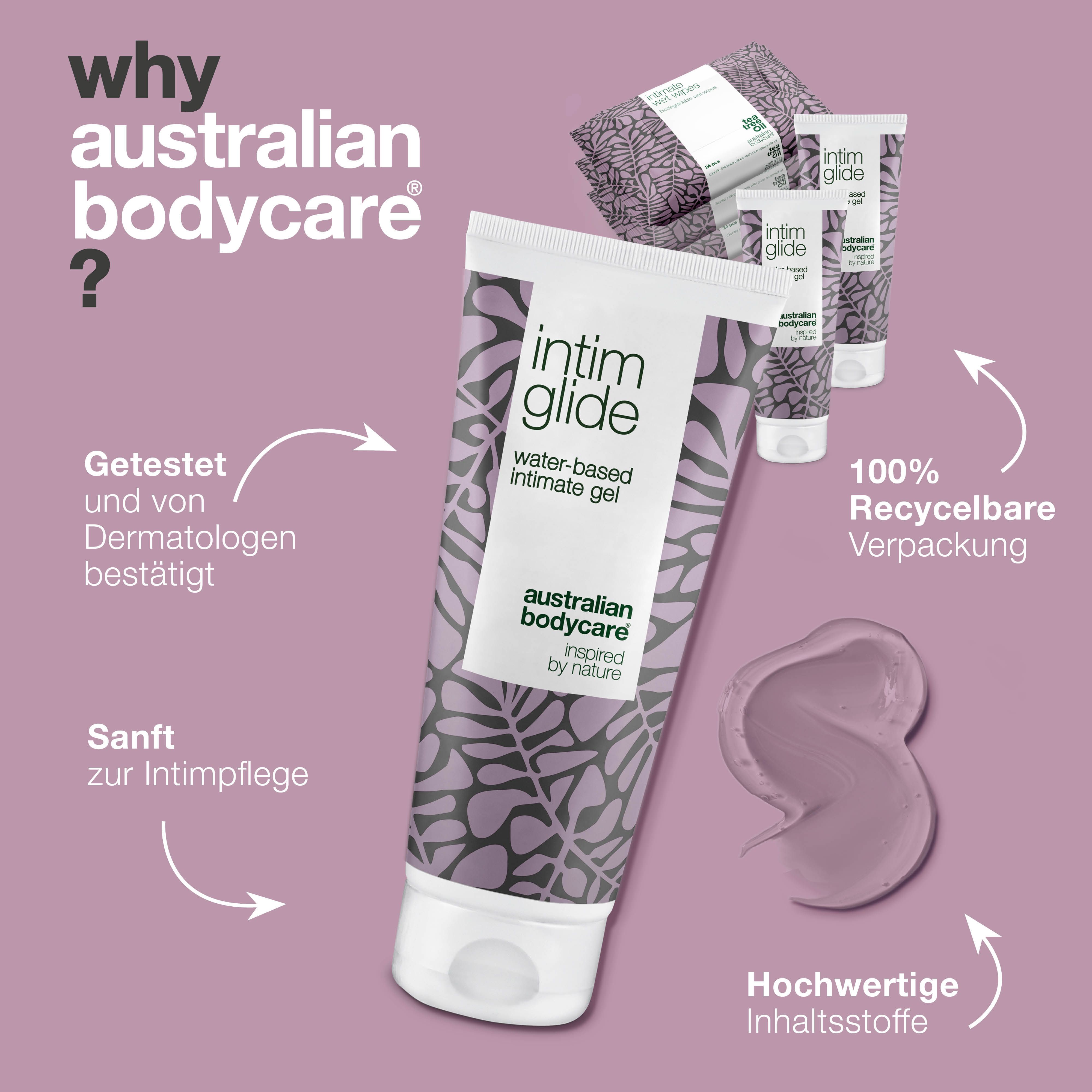 Grafik: Warum australian bodycare? Intim-Gel. Text: Getestet, sanft, hochwertige Inhaltsstoffe, recycelbar.
