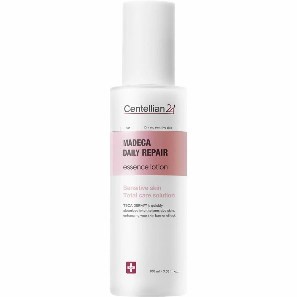 Weiße Flasche mit rosa Etikett. Aufschrift: Madeca Daily Repair Essence Lotion. Marke: Centellian 24. Text: Total Care Solution.