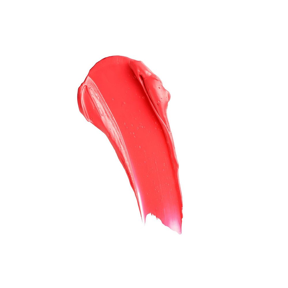 Roter Lippenstift-Abstrich auf weißem Hintergrund. Die Textur ist cremig und glänzend.