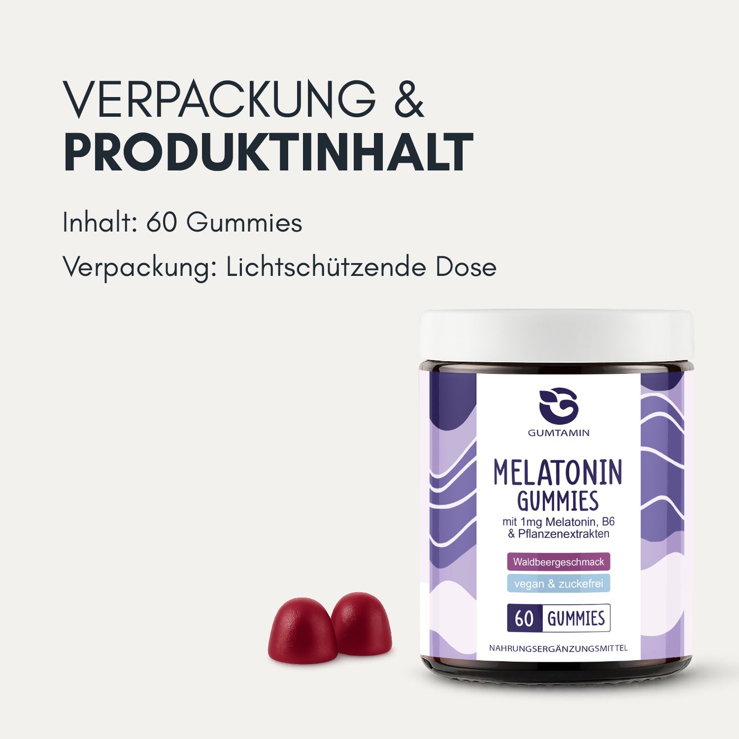 Gumtamin Melatonin Sleep Gummies: 60 Stück in lichtschützender Dose, Waldbeergeschmack.