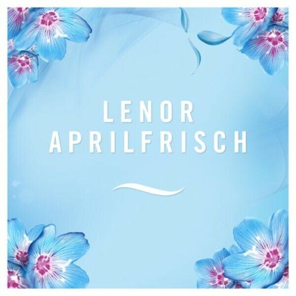 Hellblauer Hintergrund mit blauen Blüten. Text: Lenor Aprilfrisch.