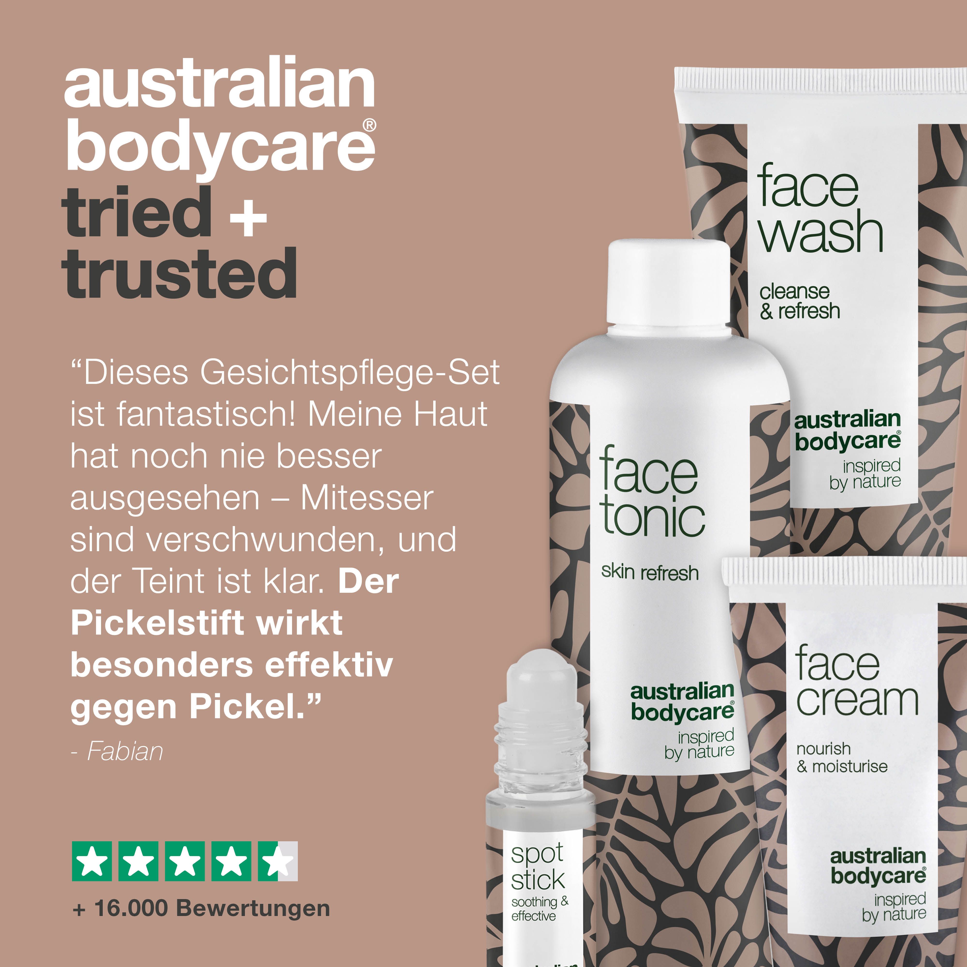 Set mit Produkten. Text: Australian Bodycare tried + trusted. Sternebewertung.