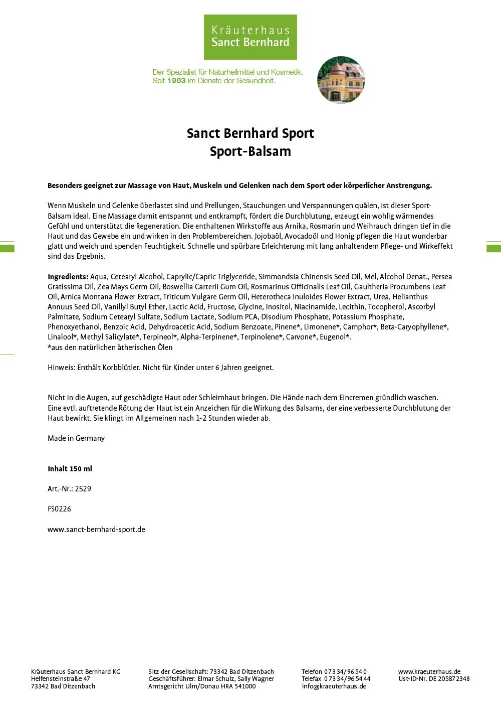 Produktinformationen für Sanct Bernhard Sport Sport-Balsam, 150 ml.