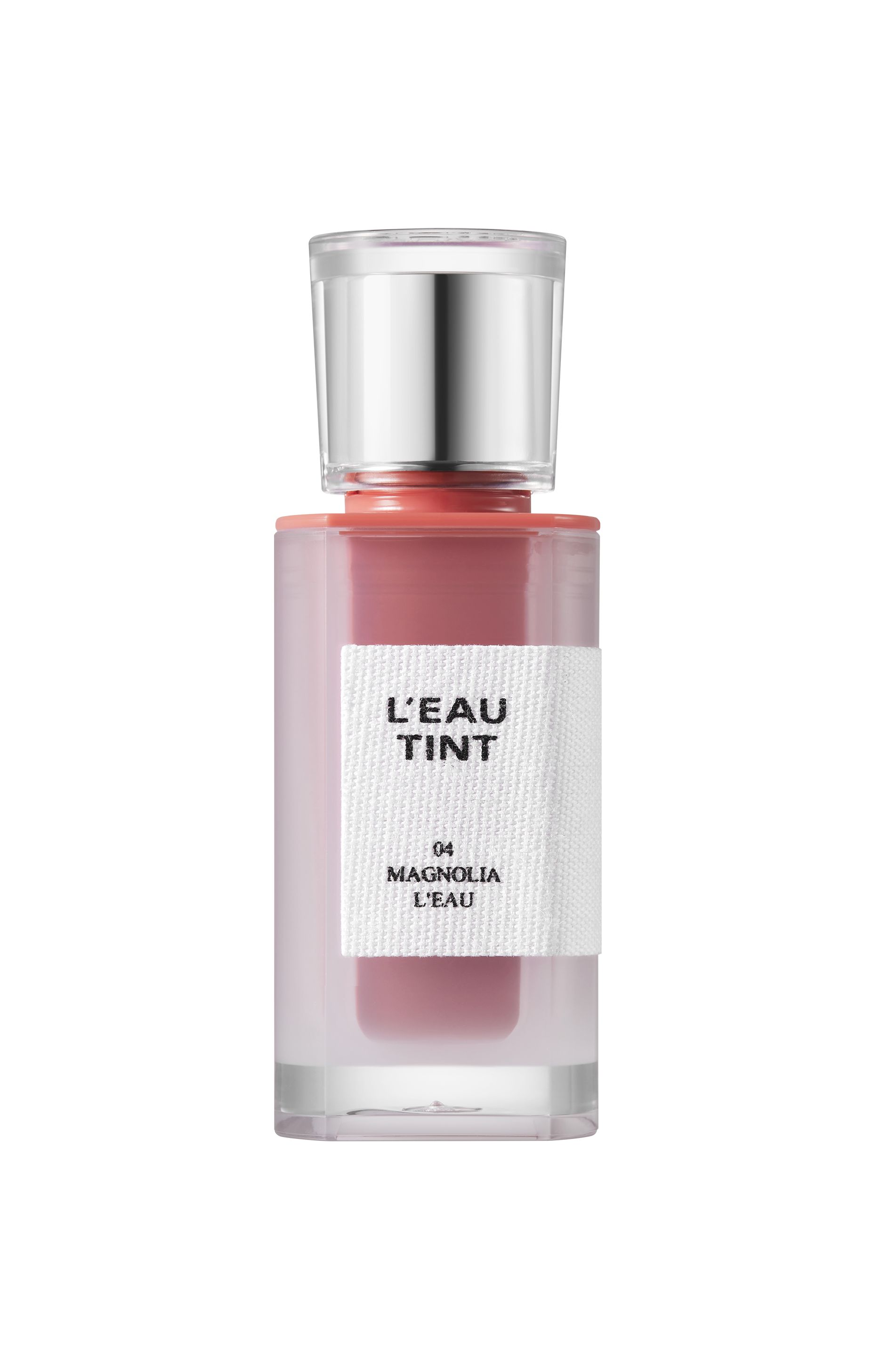 Flüssiger Lippenfarbton in einer transparenten Flasche mit silberner Kappe. Aufkleber mit Produktnamen und Farbnummer.