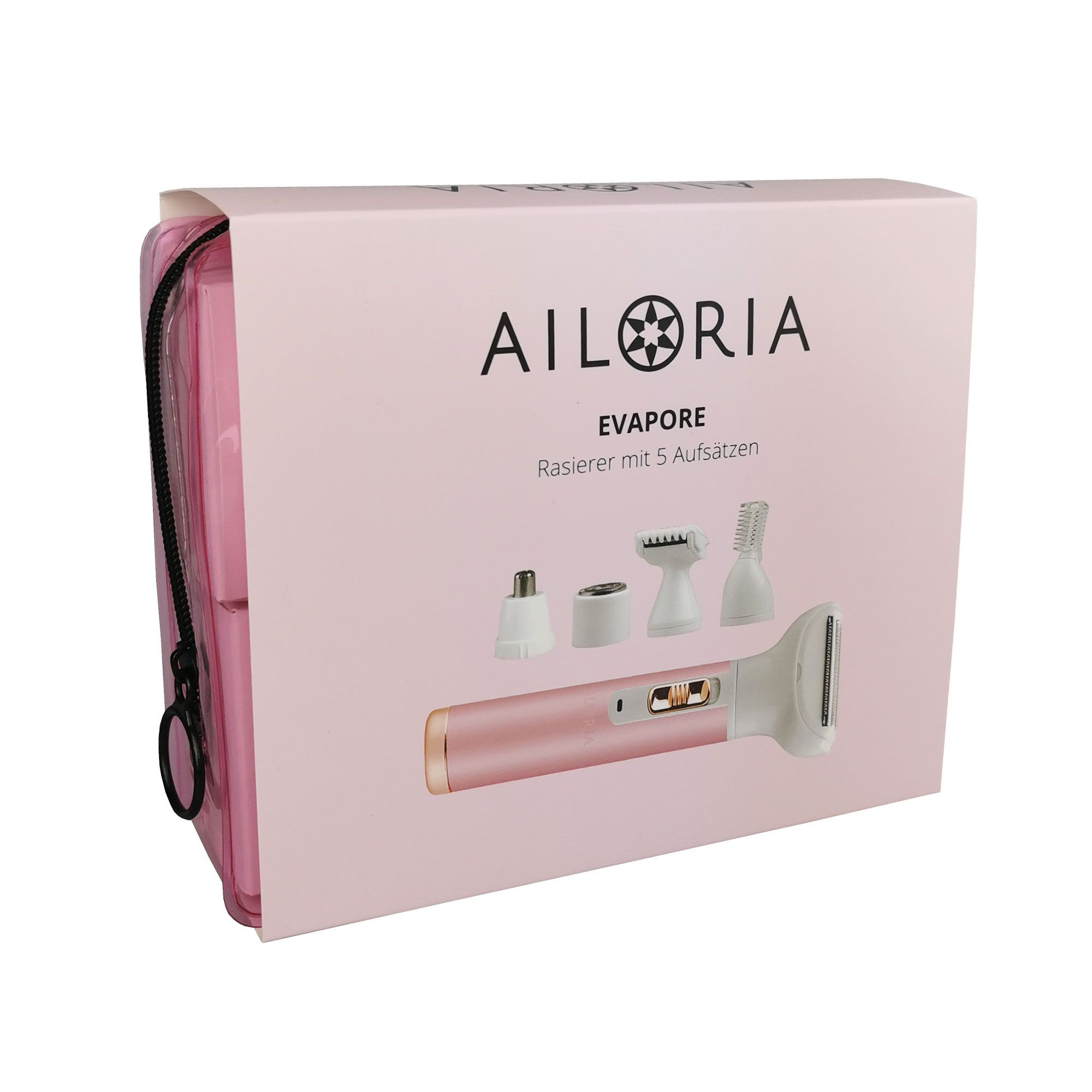 Rosa Verpackung mit Rasierer und Tasche. AILORIA-Logo. EVAPORE-Schriftzug. Rasierer mit Aufsätzen abgebildet. Schwarzer Reißverschluss.