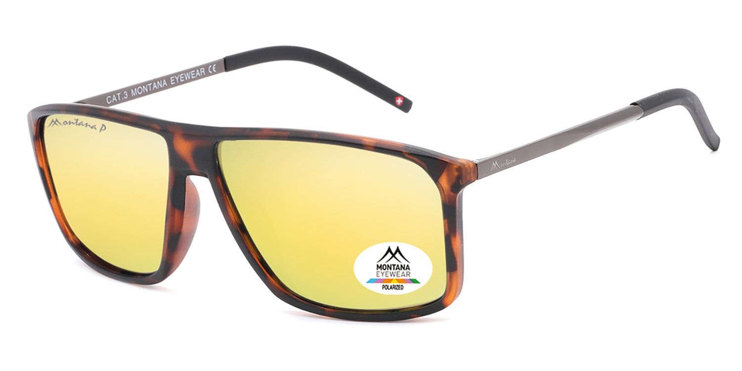 Sonnenbrille mit braunem Rahmen und gelben Gläsern. Auf einem Glas befindet sich ein Aufkleber mit Logo und Aufschrift 'POLARIZED'.