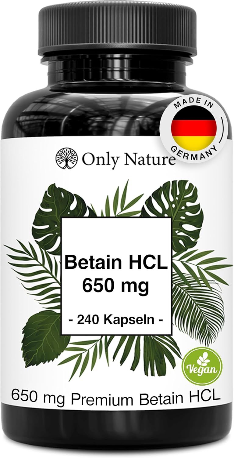 Braune Flasche mit schwarzen Deckel. Etikett mit "Betain HCL 650 mg" und "240 Kapseln". Siegel "Made in Germany" und "Vegan".