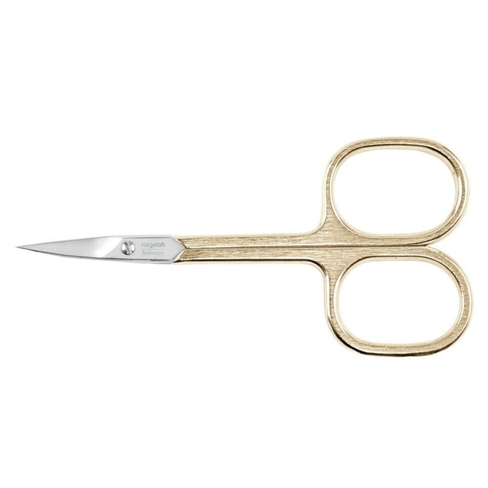 Cuticules-Schere, goldfarben, mit silberfarbener Spitze. Griffe mit ovalen Öffnungen. Marke Niegeloh Solingen.