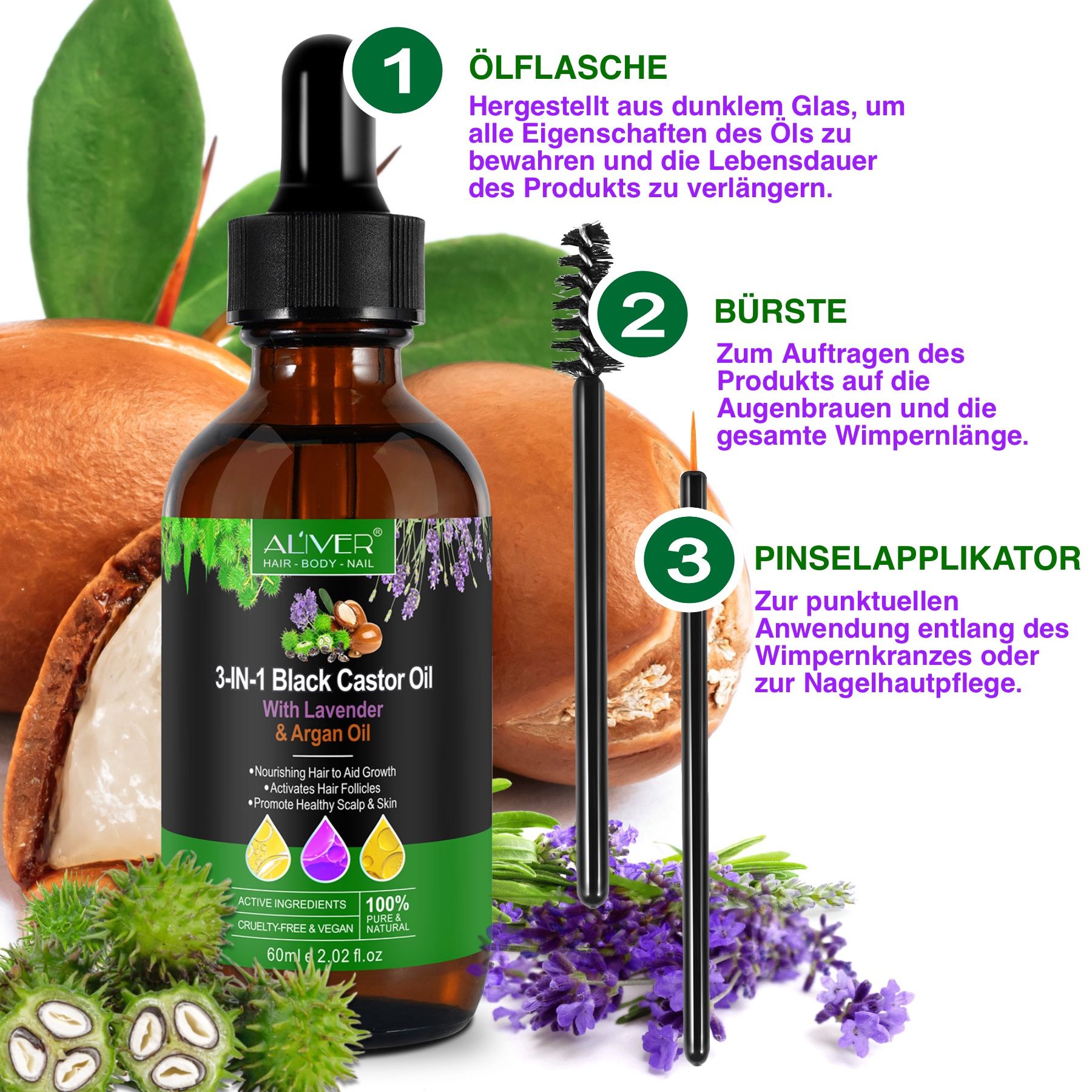 ALIVER 3-in-1 Rizinus Lavendel Argan  Haaröl