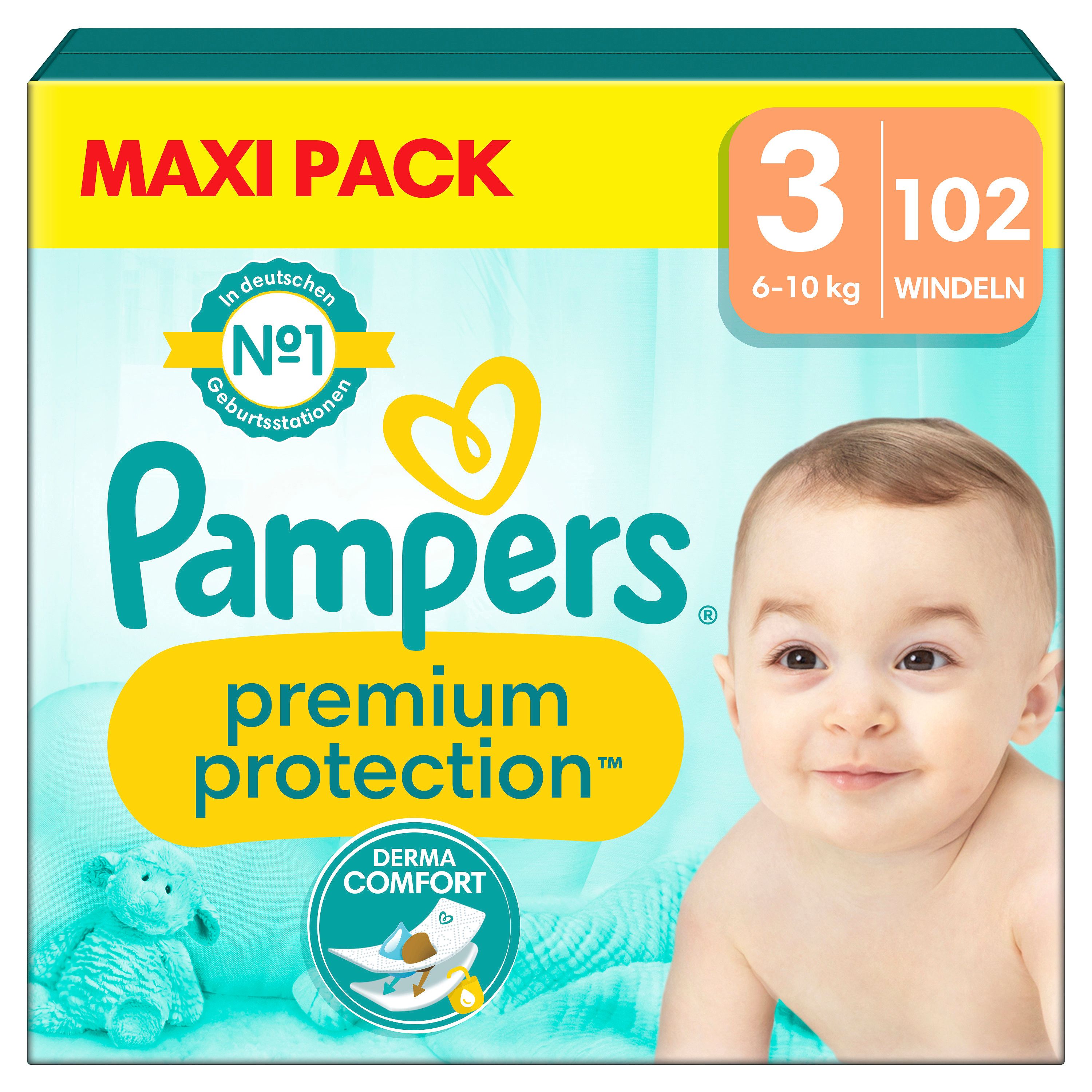 Pampers Windeln "Premium Protection" Gr.3, 6-10kg. Maxi Pack. Verpackung mit Baby, Logo, Größenangabe und Zertifizierung.