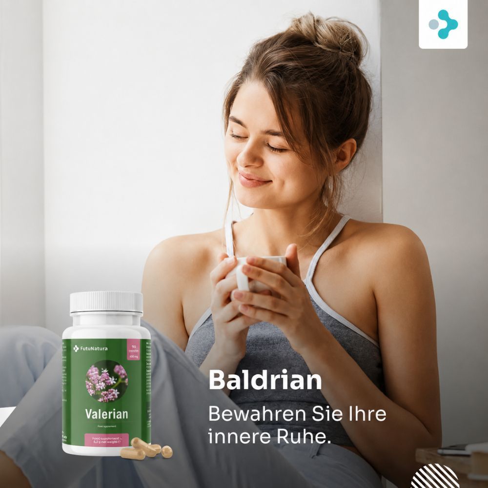Grüne Flasche mit Baldrian-Kapseln und dem Markennamen 'Natur's Plus'.