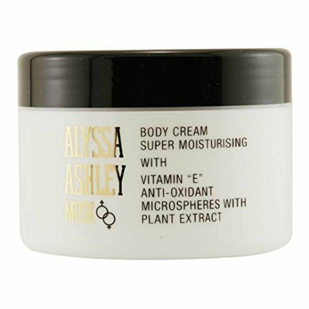 Weißer Tiegel mit schwarzem Deckel. Aufschrift: Body Cream, Super Moisturising, Vitamin E, Anti-Oxidant.