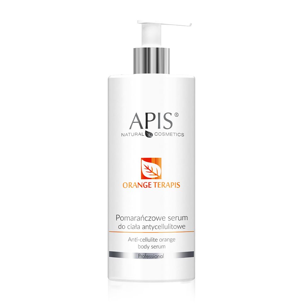 Weiße Flasche mit Pumpe. Aufschrift: APIS NATURAL COSMETICS, ORANGE TERAPIS. Orangefarbenes Logo. Text: Anti-Cellulite-Serum.