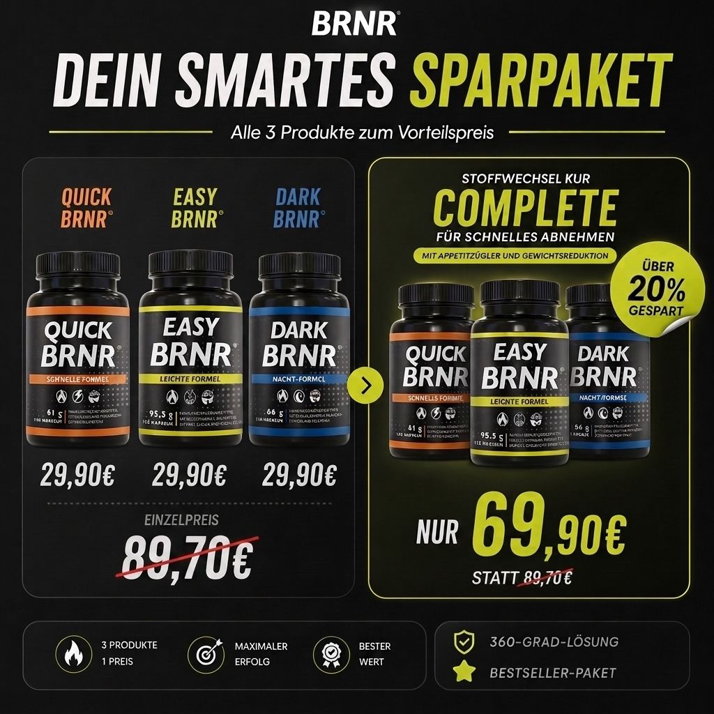 BRNR Smart Sparpaket: Drei Flaschen (Quick, Easy, Dark) und ein Sparpaket-Angebot.