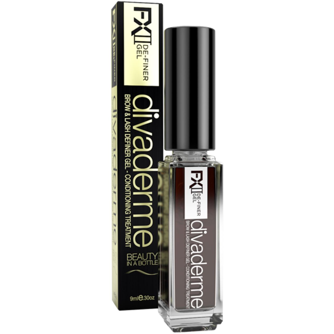 Divaderme FXII De-Finer Gel. Schwarze Flasche mit braunem Gel. Schwarze Kappe. Aufschrift FXII De-Finer Gel und Divaderme. In Verpackung.