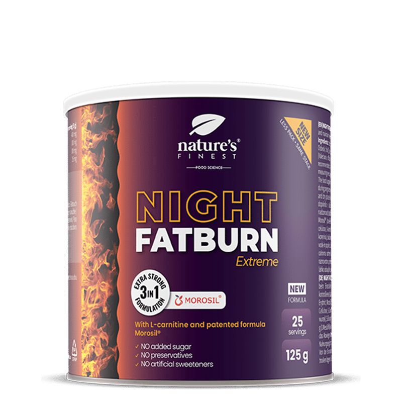 Dose Night FatBurn Extreme. Aufschrift: Nature's Finest. 125g, 25 Portionen. 3in1 Formel.