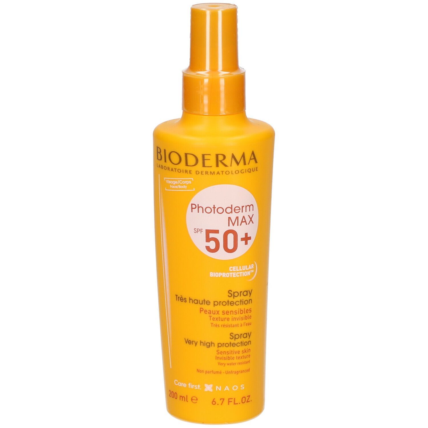 Gelbe Sprühflasche mit BIODERMA-Logo und Photoderm MAX SPF 50+. Text: Très haute protection, Peaux sensibles, Spray.
