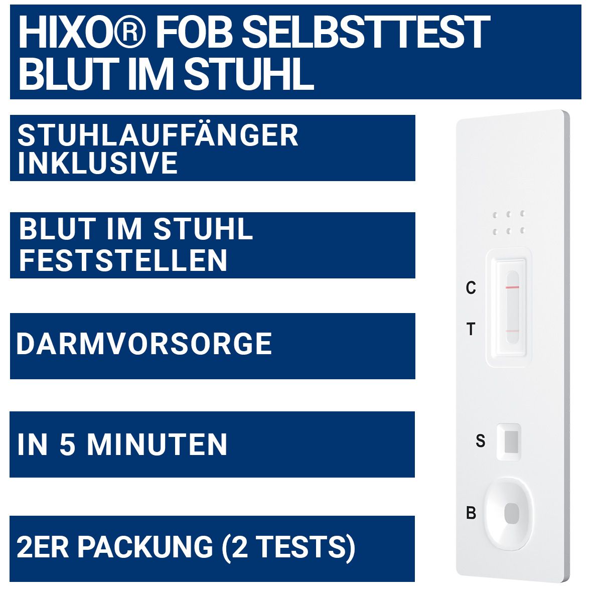 Testkassette mit Ergebnisanzeige. Text: "HIXO FOB Selbsttest". Zeigt die Ergebnisse an. Enthält die Buchstaben C, T, S und B.