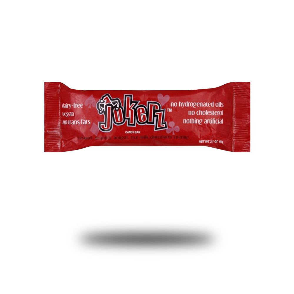 Riegelverpackung in Rot. Aufschrift "Jokerz" mit Zusatzinformationen: "dairy-free", "vegan", "no trans fats", "no hydrogenated oils", "no cholesterol", "nothing artificial".