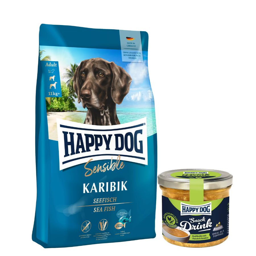 Happy Dog Supreme Karibik+ Happy Dog Snack Drink mit Hähnchenfleisch und Gemüse
