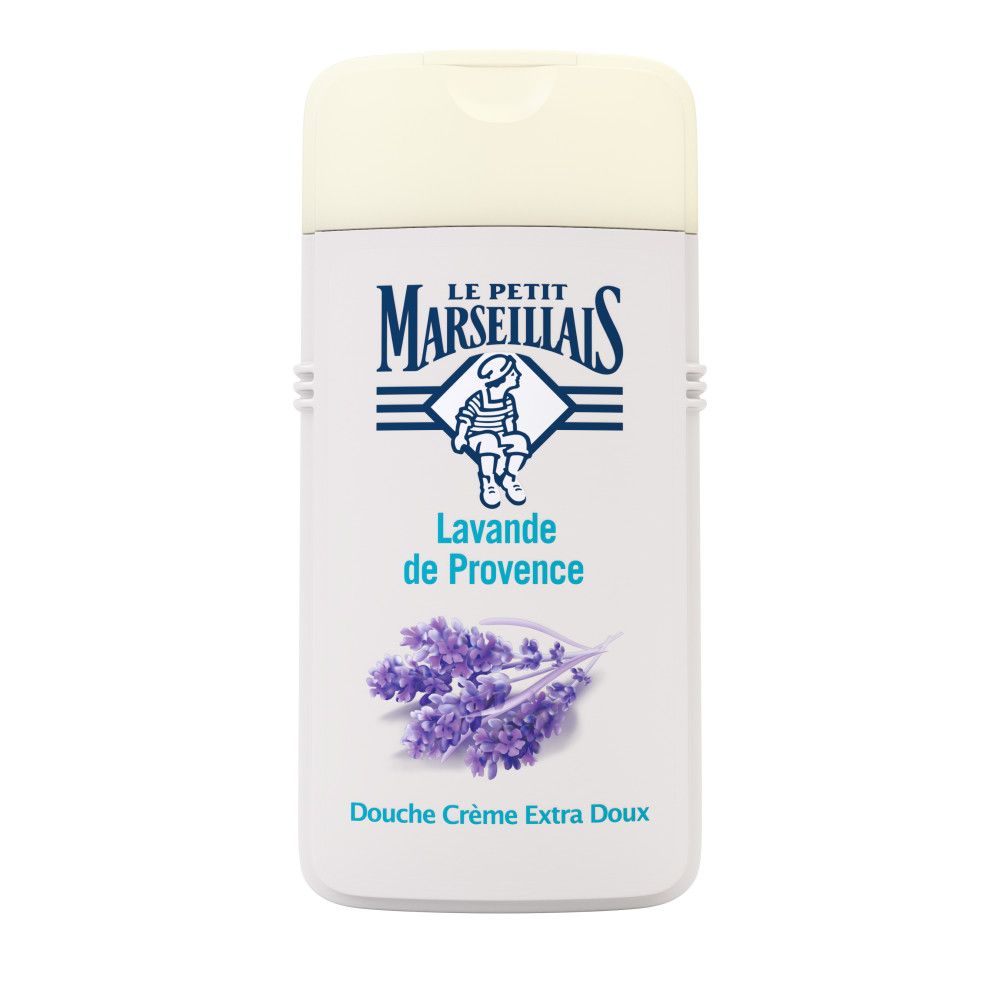 Weißes Duschgel mit Klappverschluss. Aufschrift: Le Petit Marseillais, Lavande de Provence. Abbildung von Lavendelblüten.