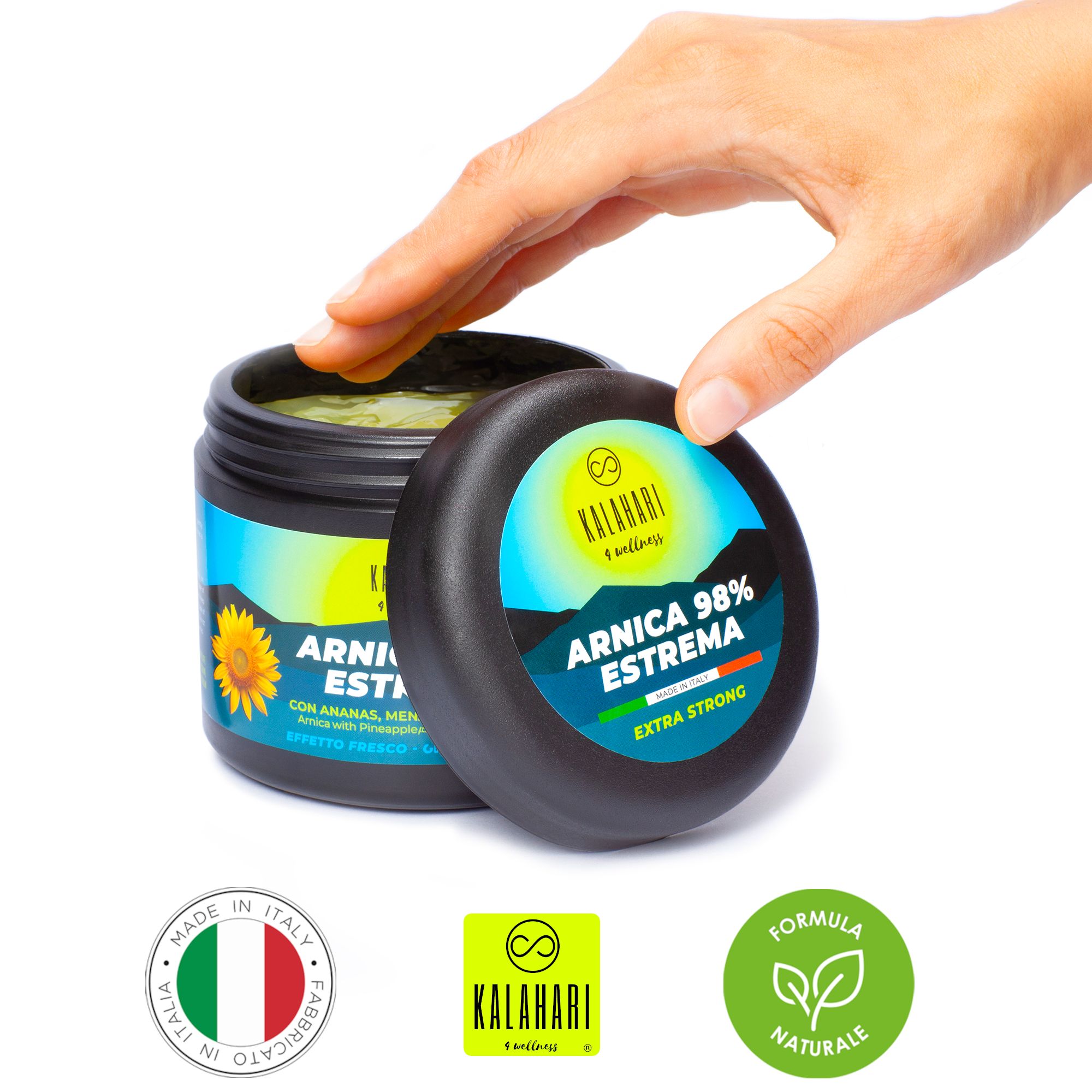 Tiegel KALAHARI Arnika 98% ESTREMA, mit italienischer Flagge und Siegel 'Made in Italy'.