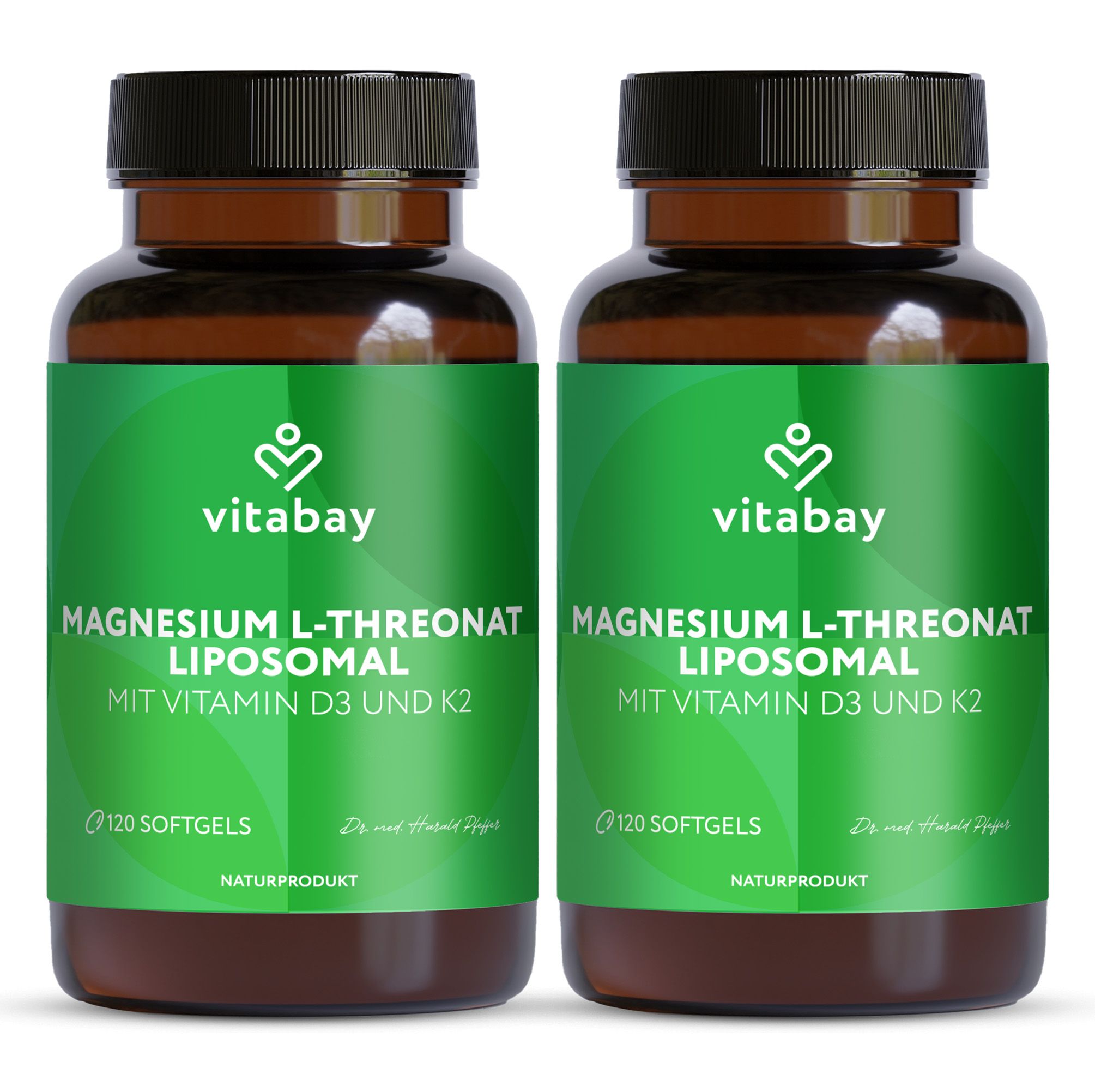 Zwei braune Flaschen mit grünem Etikett. Text: Magnesium L-Threonat Liposomal, Vitamin D3 und K2. 120 Softgels. Vitabay Logo.